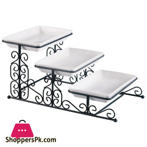 3 Floor Ceramic Dish With Silver and Black Stand - Beautiful Serving Set