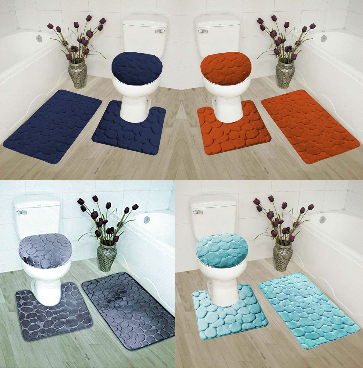 3 Piece Rock Memory Foam Bathroom Mat Set Flannel Embossed Rug Mat Toilet  Lid