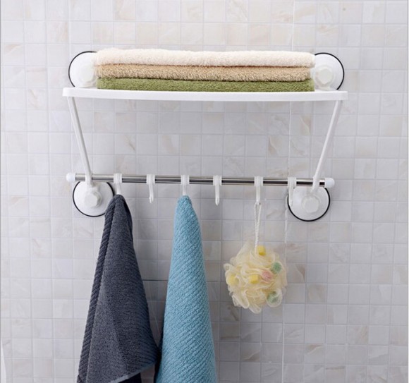 Wall Mounted Strong Bathroom Towel Shelf Stainless Steel With 6 Hooks ...