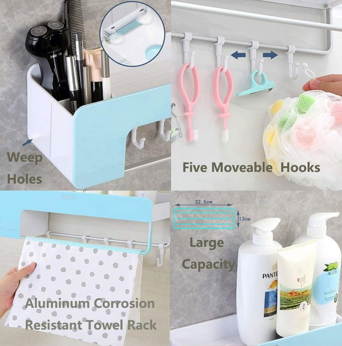 Bathroom Shelf Storage Organizer Shower Caddy Wall Mount Rack with Towel Bar Magnetic Soap Holder and Hanger Hooks