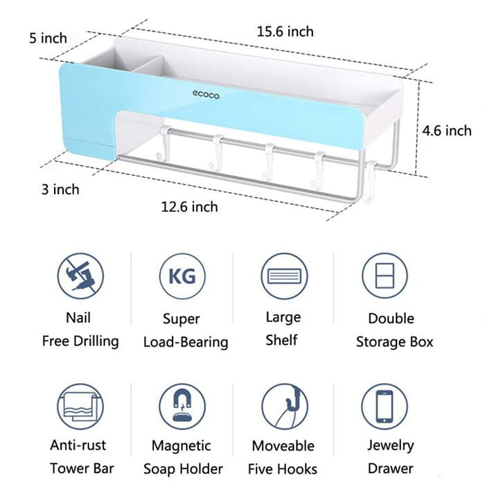 Bathroom Shelf Storage Organizer Shower Caddy Wall Mount Rack with Towel Bar Magnetic Soap Holder and Hanger Hooks