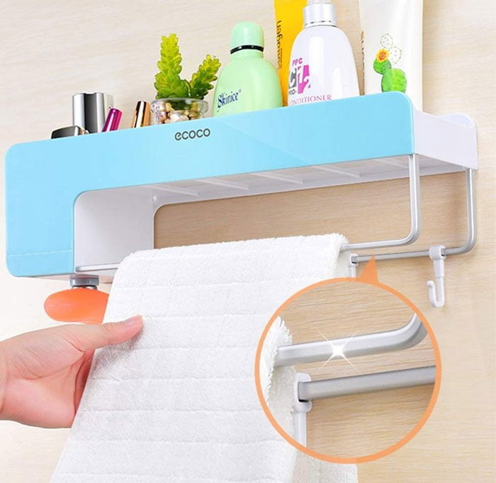 Bathroom Shelf Storage Organizer Shower Caddy Wall Mount Rack with Towel Bar Magnetic Soap Holder and Hanger Hooks