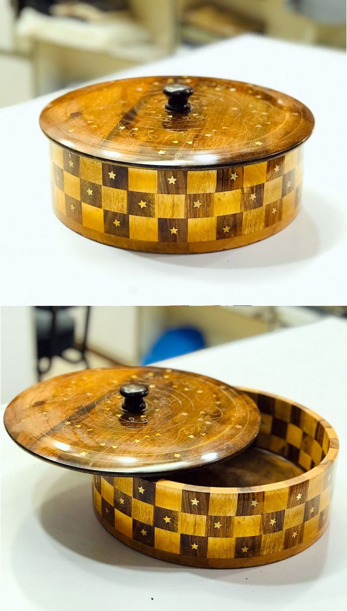 Wooden Brass Hand Crafted Work Wood Checked Hot Pot Roti Box 12 Inch