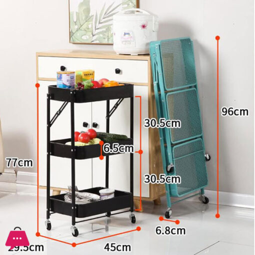 3-Tier Foldable Storage Trolley Metal Rolling Cart