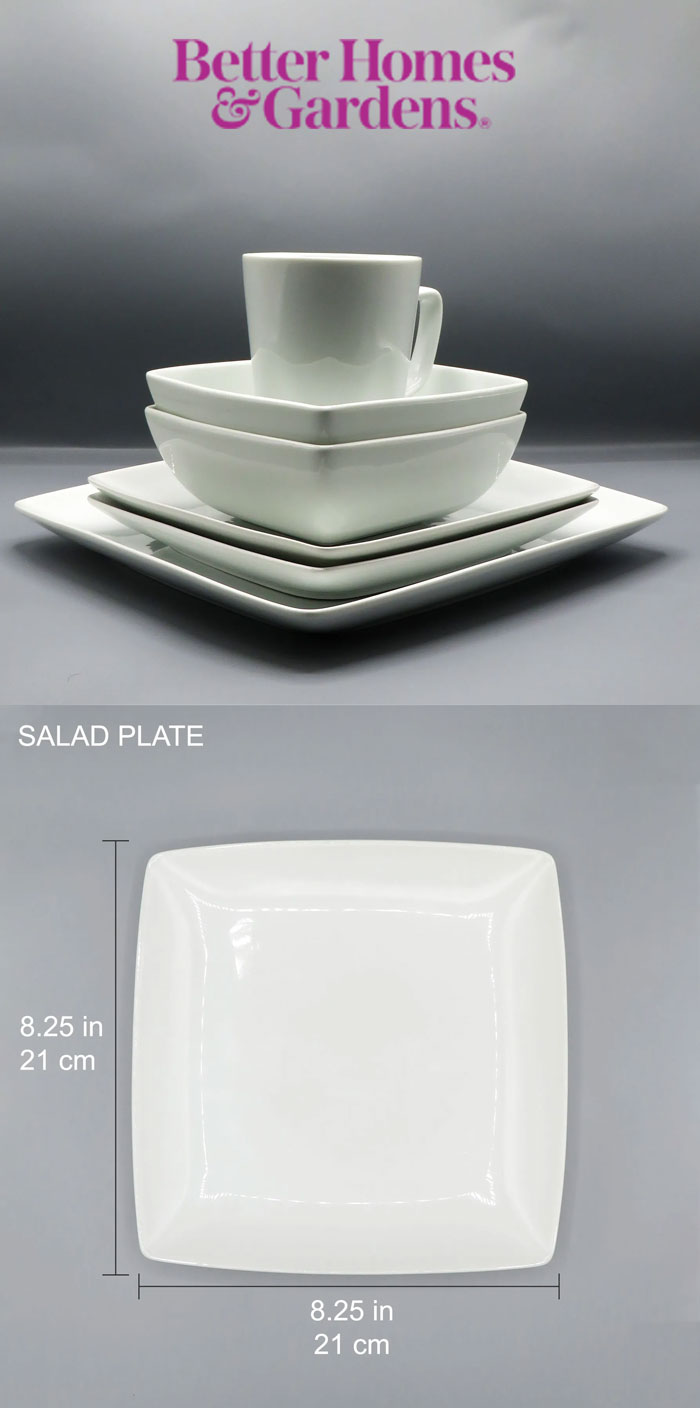 Better Homes & Gardens 16 Piece Square Porcelain Dinnerware Set, White