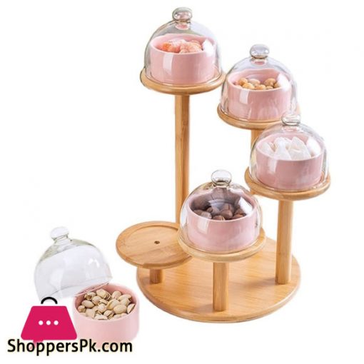 Cupcake & Dry Fruit Tray With Lid Appetizer Serving Tray Set of 5 Dishes with Glass Cover with Bamboo Stand - JD7903-1