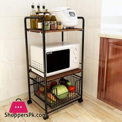 3 Tier Wire Shelving Storage Shelf Microwave Oven Stand Spice Rack Organizer Utility Rolling Cart with Wood Shelves and Metal Wire Baskets for Home Kitchen Storage