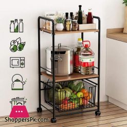 3 Tier Wire Shelving Storage Shelf Microwave Oven Stand Spice Rack Organizer Utility Rolling Cart with Wood Shelves and Metal Wire Baskets for Home Kitchen Storage