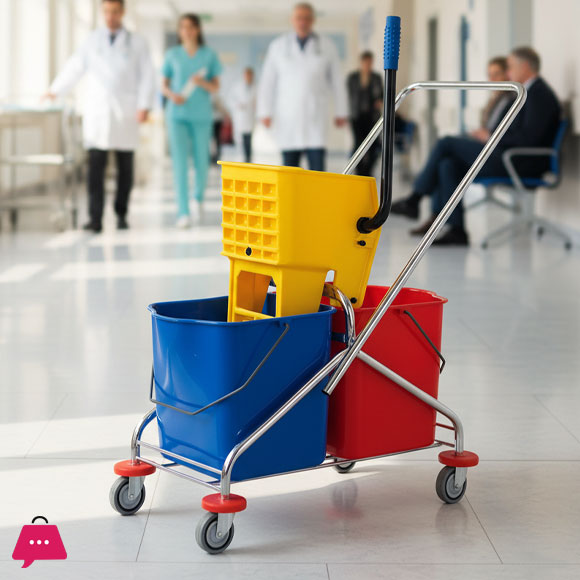 60 Liter Commercial Restaurant Janitorial Cleaning Rolling Industrial Mop Bucket With Down Press Wringer Triple - 44 Liter