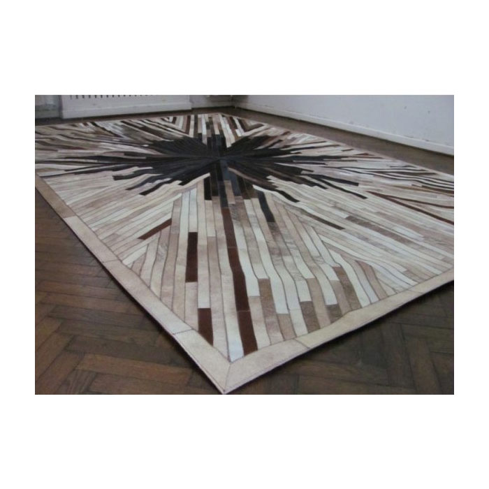 Beige And Black Stripes Cowhide Patchwork Area Rug