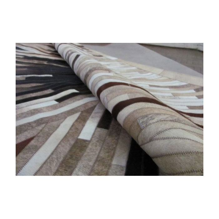 Beige And Black Stripes Cowhide Patchwork Area Rug