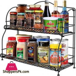 Spice Rack Organizer for Countertop 2 Tier Spice Organizer for Kitchen Cabinet Farmhouse Foldable Seasoning Organizer Standing Storage with Guardrail and Mesh Design Bathroom Organizer