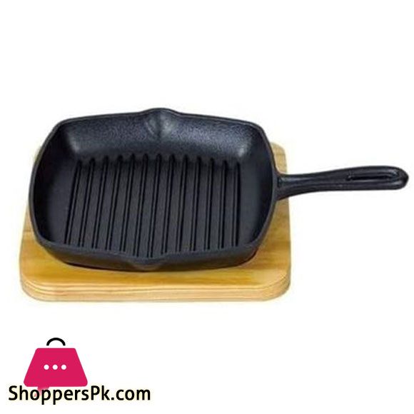 Fajita Cast Iron Hand Pan Wood Base Square Shape - 24CM