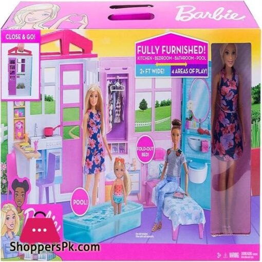 Barbie Doll and Dollhouse Portable 1 Story Playset with Pool