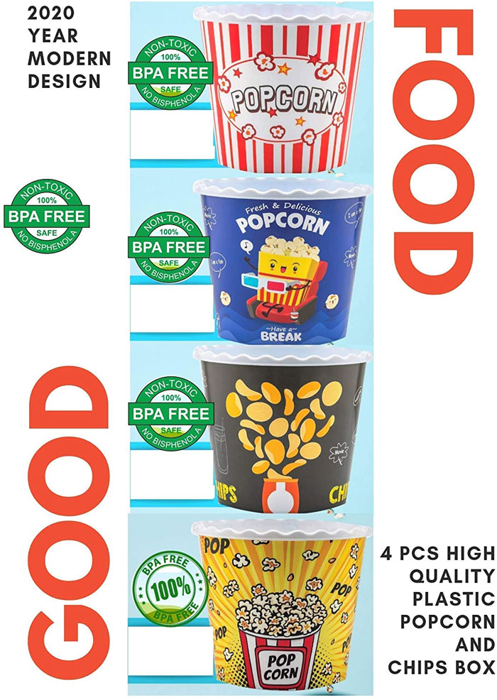 Modern Style Reusable Plastic Popcorn Containers / Popcorn Bowls Set for Movie Theater Night - BPA Free Washable in the Dishwasher