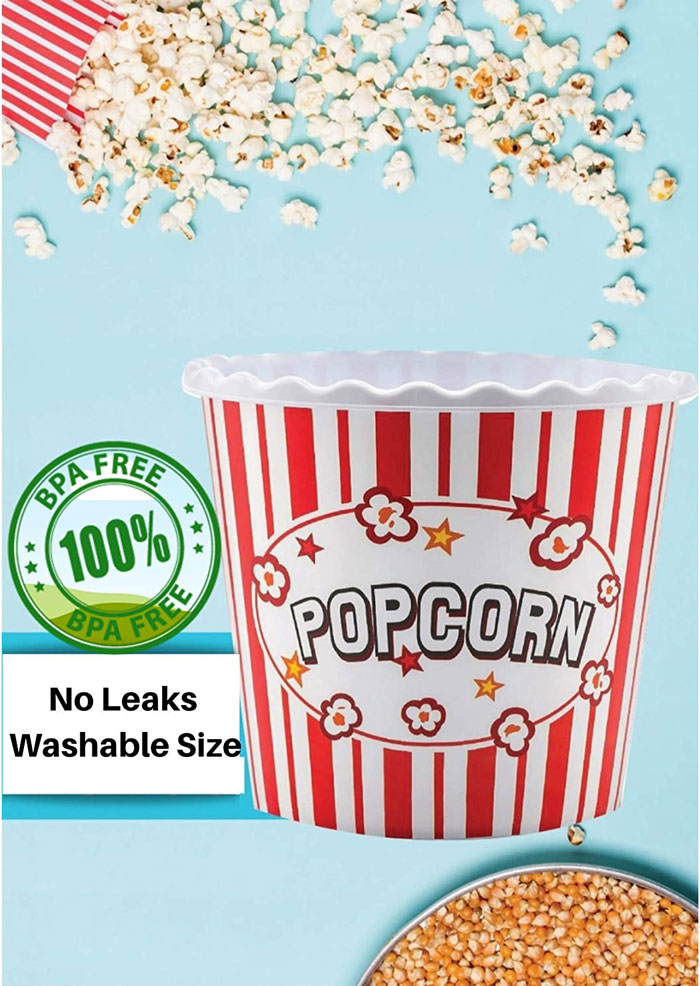 Modern Style Reusable Plastic Popcorn Containers / Popcorn Bowls Set for Movie Theater Night - BPA Free Washable in the Dishwasher