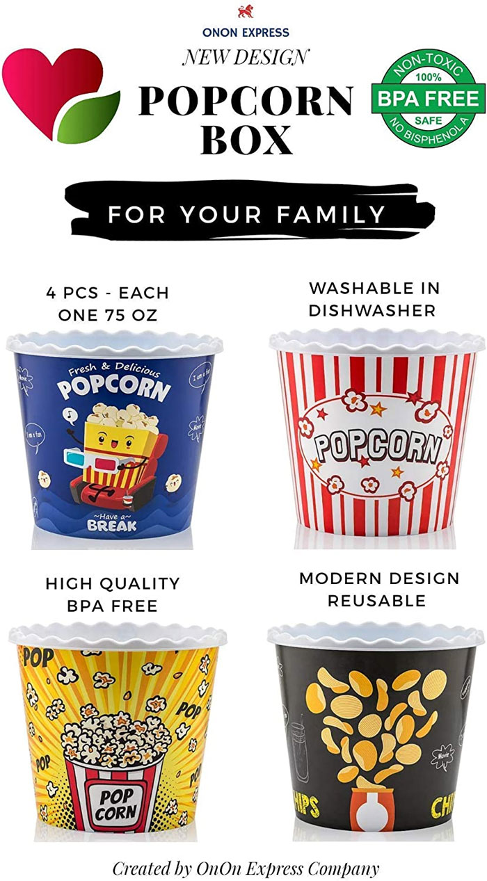 Modern Style Reusable Plastic Popcorn Containers / Popcorn Bowls Set for Movie Theater Night - BPA Free Washable in the Dishwasher