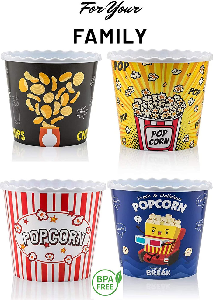 Modern Style Reusable Plastic Popcorn Containers / Popcorn Bowls Set for Movie Theater Night - BPA Free Washable in the Dishwasher