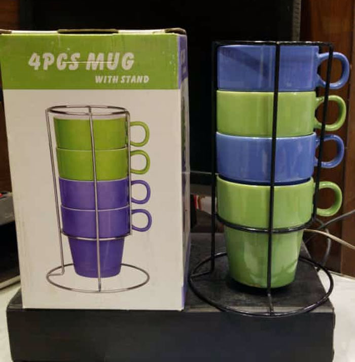 Multi Colors Expresso Mugs Stackable Cups with Rack Holder Set of 4