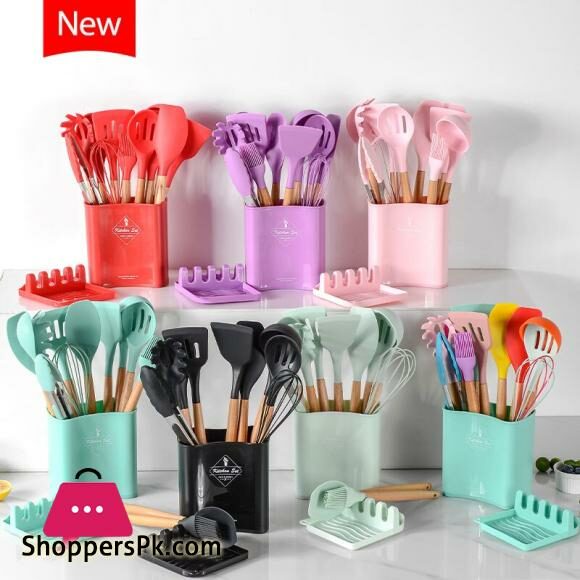 Silicone Kitchen Cookware Set With Wooden Handle Heat Resistant Non Stick Cookware Baking Tools With Storage Box AccessoriesCookware Sets