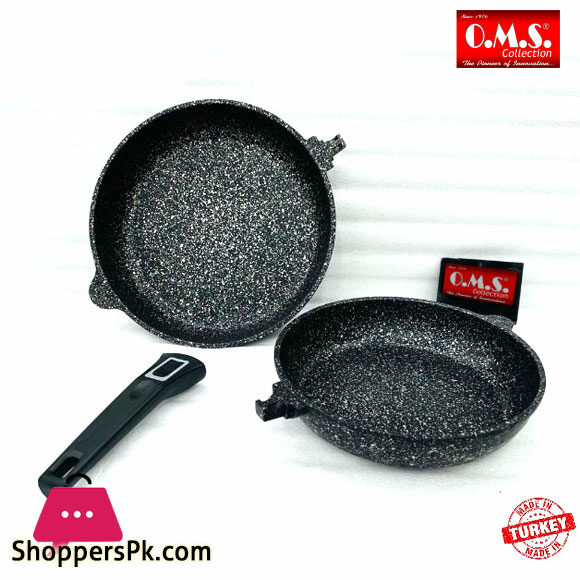 OMS Granite Marble Coating Frying Pan Set of 2 Pcs with Removable Handle Turkey Made - 3284