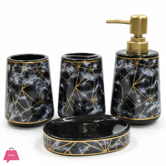 Ceramic Bathroom Accessories Set of 4, Geometric Design