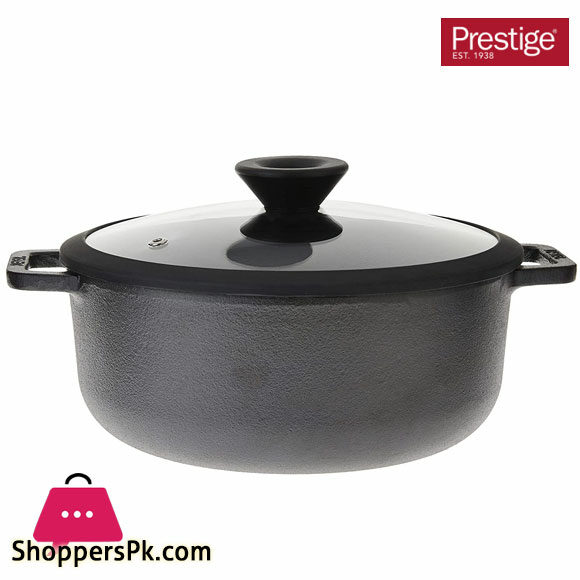 Prestige Meyer Pre-Seasoned Cast Iron Dutch Oven Biryani Pot Cast Iron Casserole with Heavy Bottom Cooking Pot with Lid Biryani Pot Induction Bottom Stew Pot Cast Iron Cookware 24cm 4Liter Black