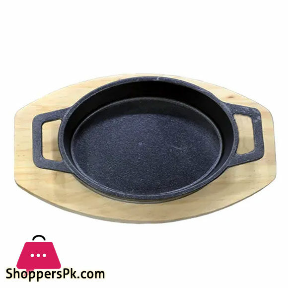 Oval Preseasoned Cast Iron Fajita Skillet Sizzler Plate with Wooden Base Medium 11 Inch - S0008