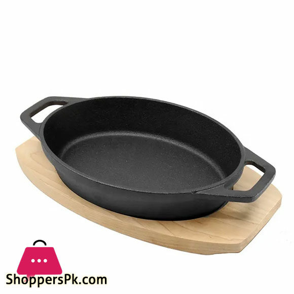 Oval Preseasoned Nonstick Cast Iron Fajita Skillet Sizzler Plate with Wooden Base Small 8.5 Inch S0007