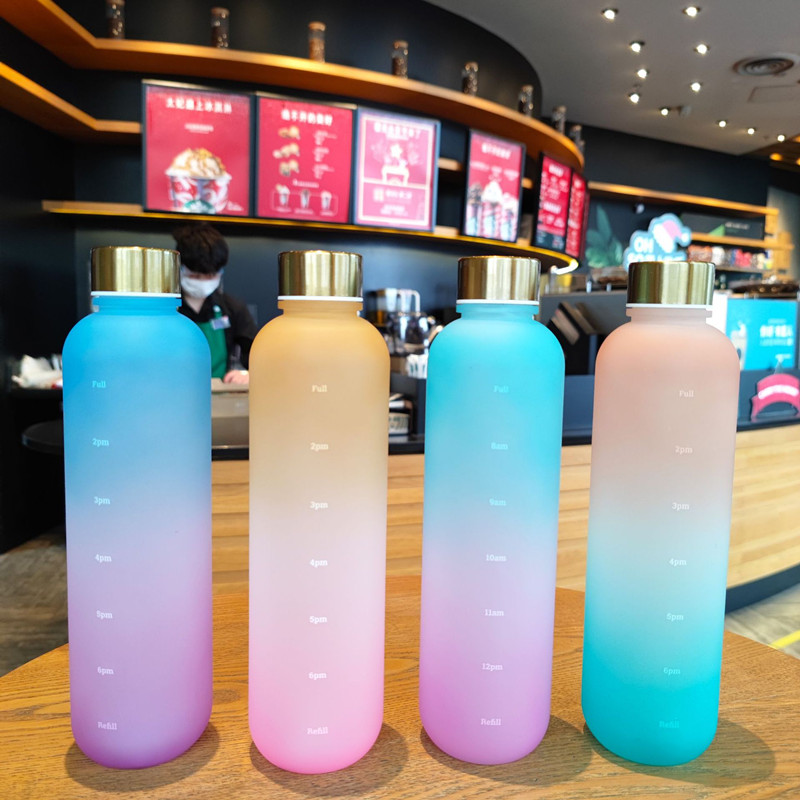 Sport Water Bottle Rainbow Plastic Frosted Non-toxic Time Drinking Bottles for Fitness Yoga Outdoor Portable Drinkware