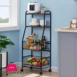 4 Tier Metal Kitchen Rack Rolling Utility Cart Trolley with Wooden Shelf for Microwave Oven Plate Organizer Fruit Vegetable Storage Basket