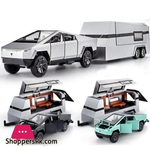 132 Teslas Cybertruck Trailer Car MPV VAN Alloy Diecasts Toy Vehicles Metal Toy Car Model Sound and light