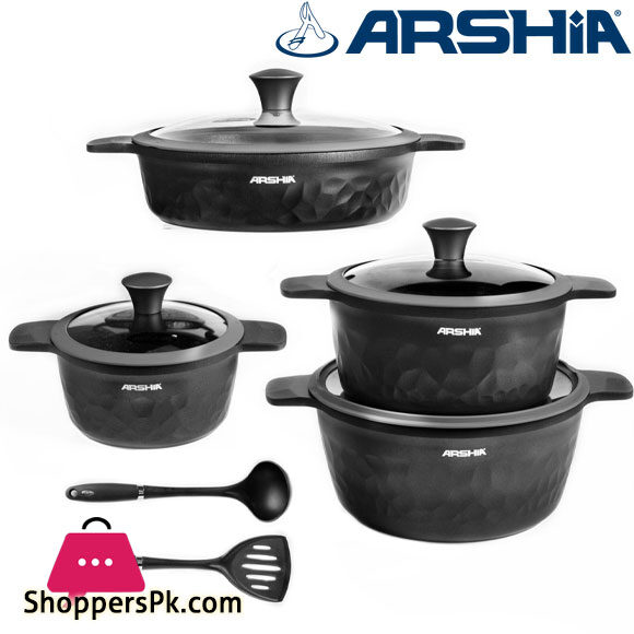 Arshia Premium Die-Casted Aluminium 8 Pcs Cookware Set Silicon Glass Lid Black