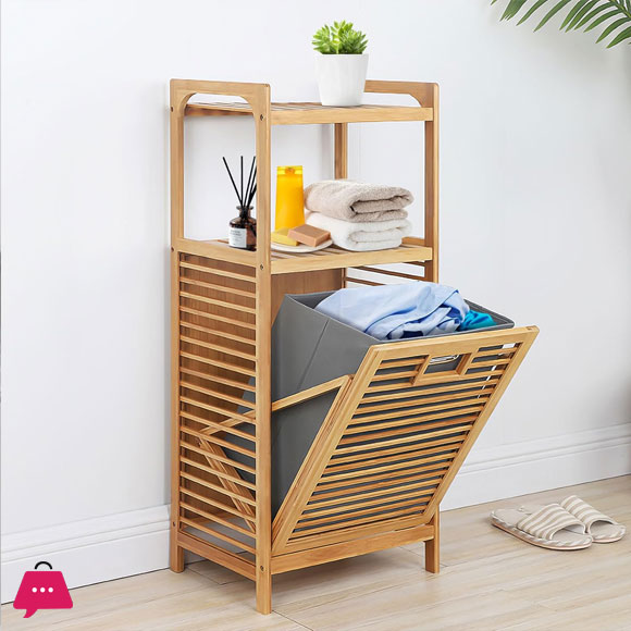 Bamboo 2-Tier Storage Rack Laundry Bsket Dirty Clothes Basket for Living Room Bedroom