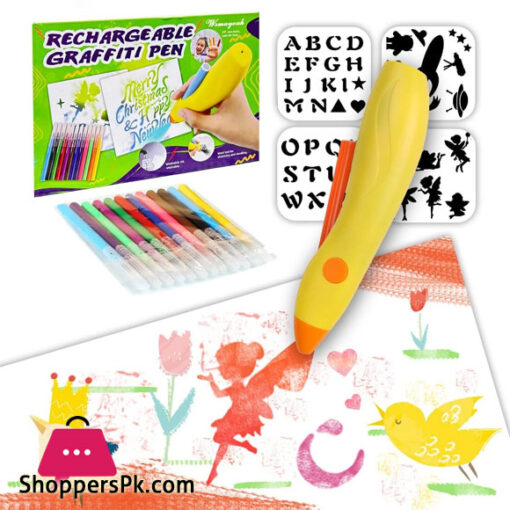 Electric Rechargeable Kids Spray Paint Blow Pen Set Marker Graffiti Supplies Pen 12 Colors Colored Markers Blow Pens Washable Watercolour Paints Pens Art and Crafts Education