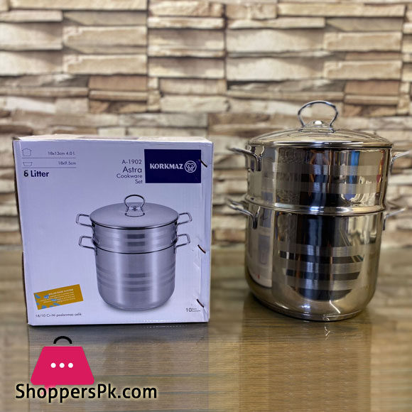 Korkmaz Astra Stainless Steel Steamer Cooking Pot Double Boiler with Stainless Steel Lid, 6 Liter A-1902