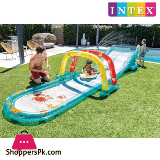 INTEX Inflatable Surfing Fun Slide with Two Inflatable Surf Riders – Built-in Water Sprayer – Removable Arch – Carry Handles – 221" x 54" x 39"