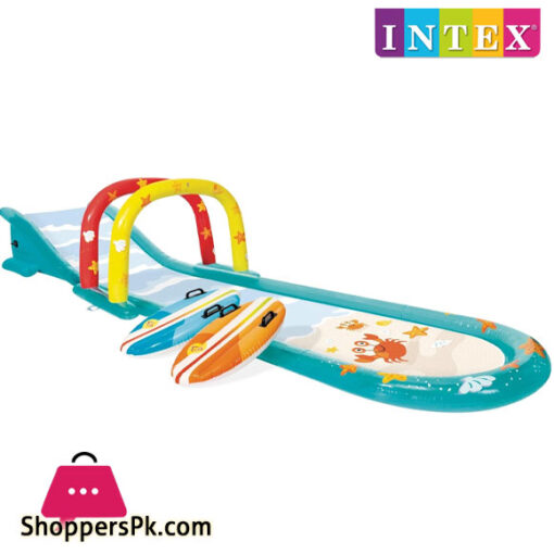 INTEX Inflatable Surfing Fun Slide with Two Inflatable Surf Riders – Built-in Water Sprayer – Removable Arch – Carry Handles – 221" x 54" x 39"