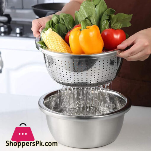 Multifunctional Stainless Steel Basin Grater - Salad Cutter Bowl-7 in 1 Julienne Slicer, Multifunctional Stainless Steel Colander Drain Basket for Cooking Prepping Food Storage