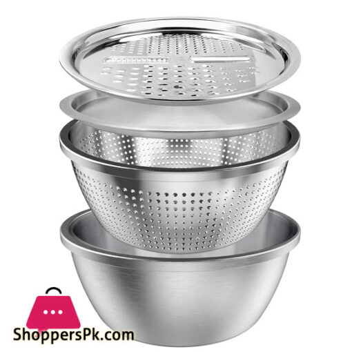 Multifunctional Stainless Steel Basin Grater - Salad Cutter Bowl-7 in 1 Julienne Slicer, Multifunctional Stainless Steel Colander Drain Basket for Cooking Prepping Food Storage