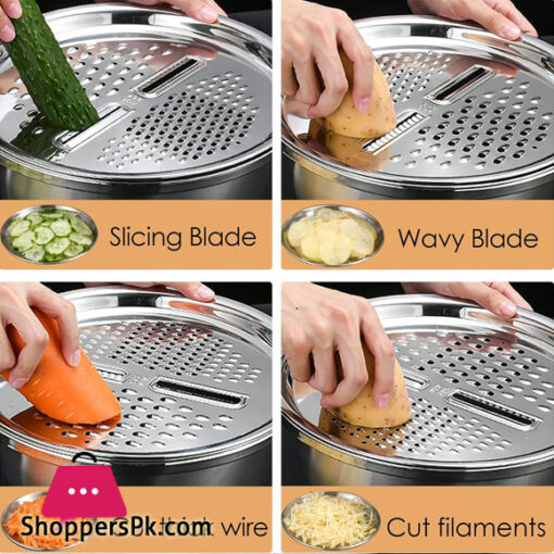 Multifunctional Stainless Steel Basin Grater - Salad Cutter Bowl-7 in 1 Julienne Slicer, Multifunctional Stainless Steel Colander Drain Basket for Cooking Prepping Food Storage