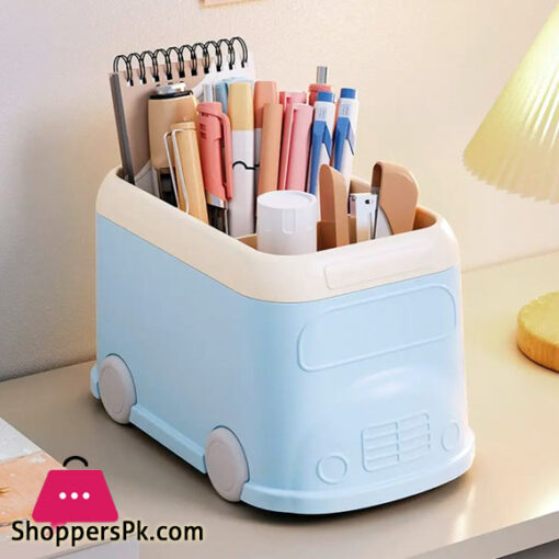 Desktop Pen Holder 3 Compartments Cute Bus Shape Multifunctional Stationery Pencil Organizer Container Storage Box