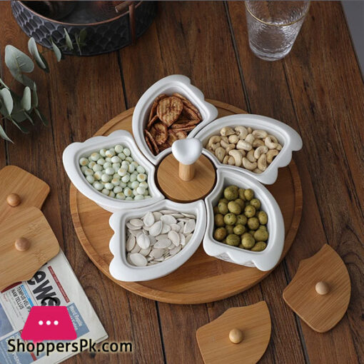 Ceramic Snack Tray with Wooden Lid Rotatable 5 Grids Snack Bowl Wood Surfaces Dessert Fruit Plate Decorative Plate Tableware