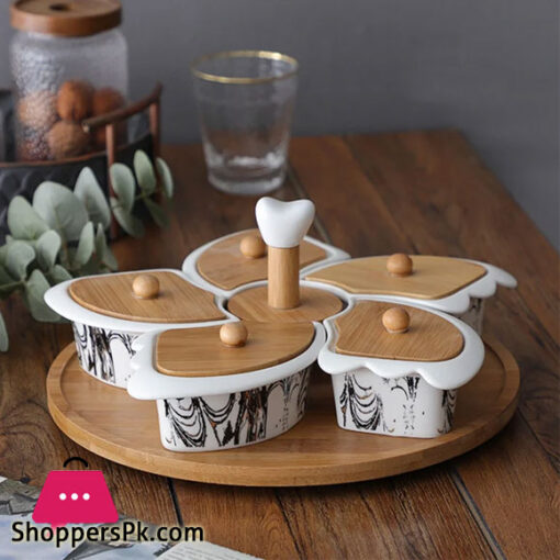 Ceramic Snack Tray with Wooden Lid Rotatable 5 Grids Snack Bowl Wood Surfaces Dessert Fruit Plate Decorative Plate Tableware