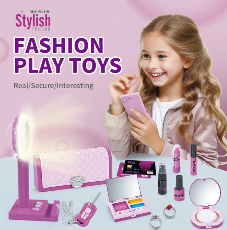 Kids Role Play Pretend Makeup Toy Set For Girls- Handbag Mobile Phone Car Key Comb