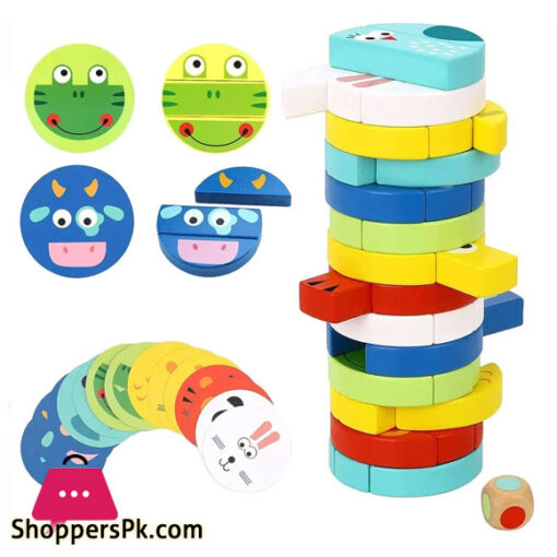 Kids Wooden Blocks Stacking Board Games Toddlers Tumbling Tower Balance Toy with Animal Pictures Colorful Wood High Block Puzzle