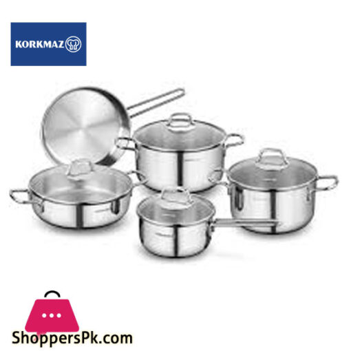 korkmaz Perla 9 Piece Stainless Steel Cookware Set with Tri-Ply Encapsulated Base Turkey Made