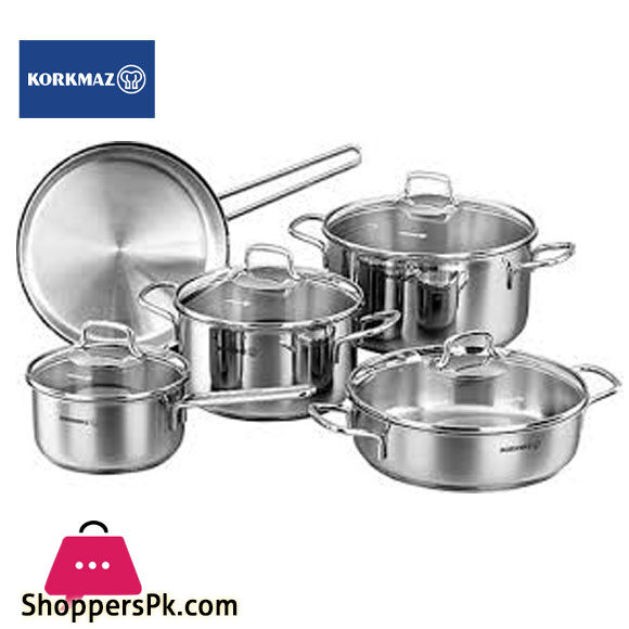 korkmaz Perla 9 Piece Stainless Steel Cookware Set with Tri-Ply Encapsulated Base Turkey Made