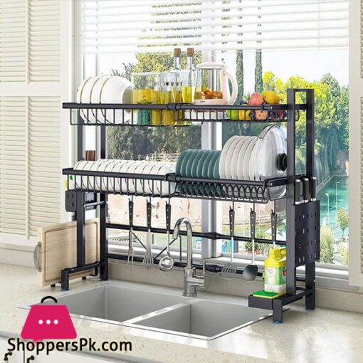 Over The Sink Adjustable Dish Drying Rack Drainer for Kitchen Organization Storage Space Saver Shelf Holder with 6 Utility Hooks Dish Rack Over