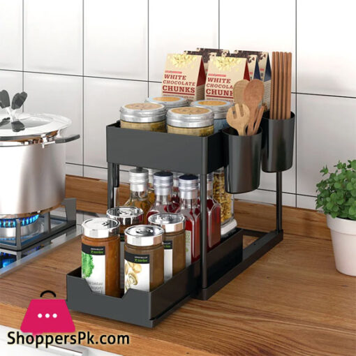 Pull-out Double-layer Storage Shelves Kitchen Sink Storage System Countertop Spice Rack Simple Rack